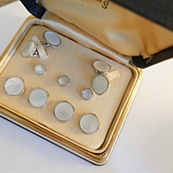 Wedding Cufflinks, Art Deco 9 Piece Mother of Pearl Tuxedo Platinum Clad - Picture 2 of 3